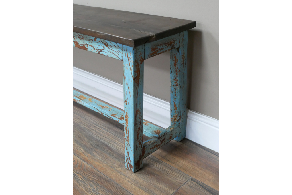 Reclaimed Small Wooden Painted Blue Shoe Bench close up leg detail