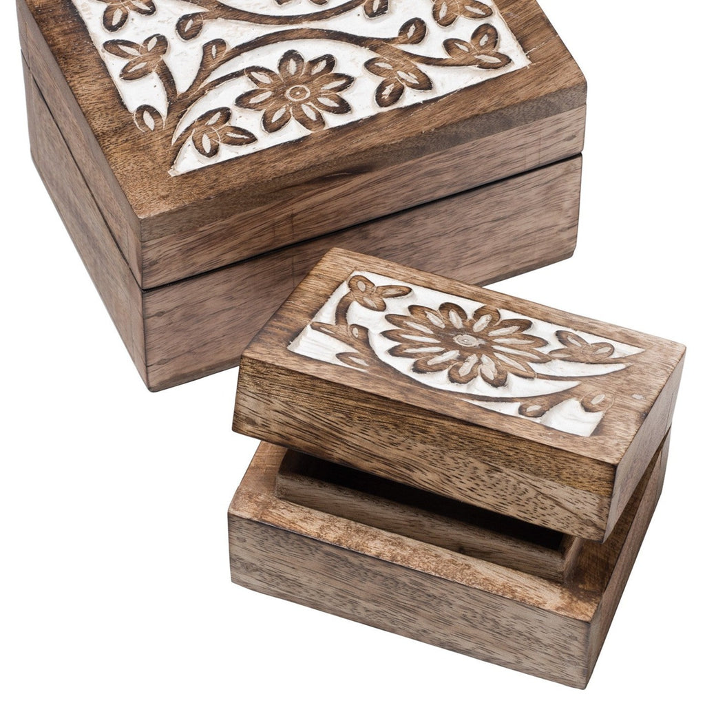 Rectangular Daisy Design Carved Wooden Boxes small and large open