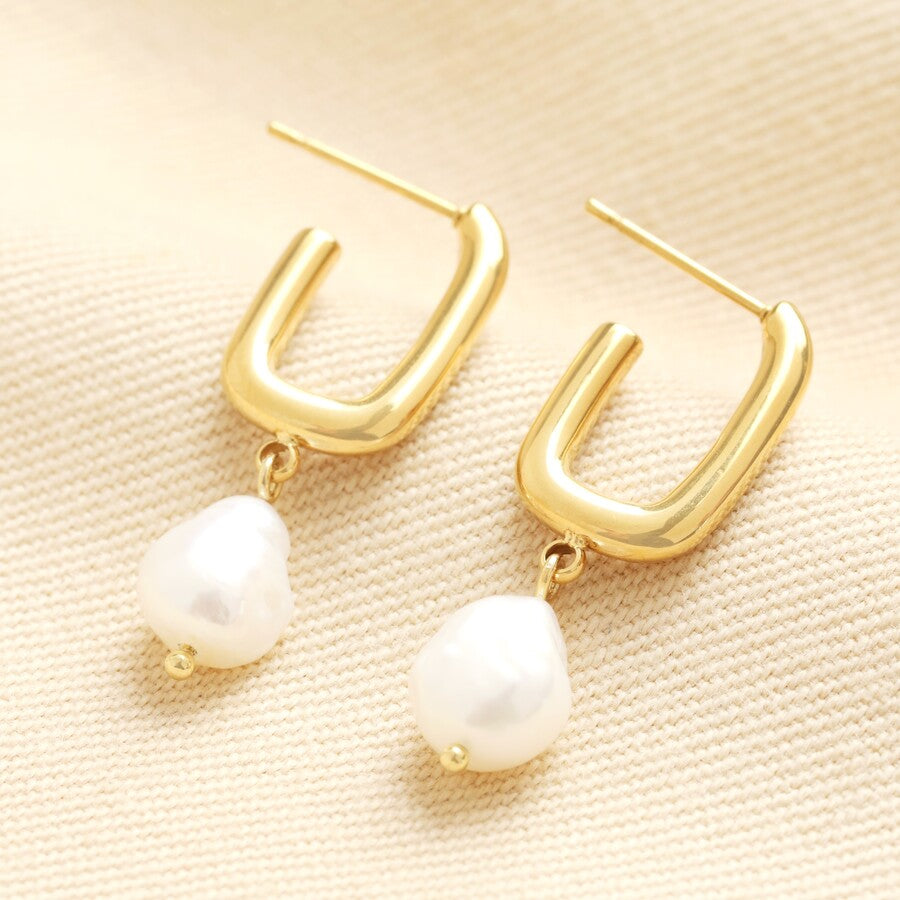 Rectangular Gold Pearl Drop Earrings - 78082 - Uneeka