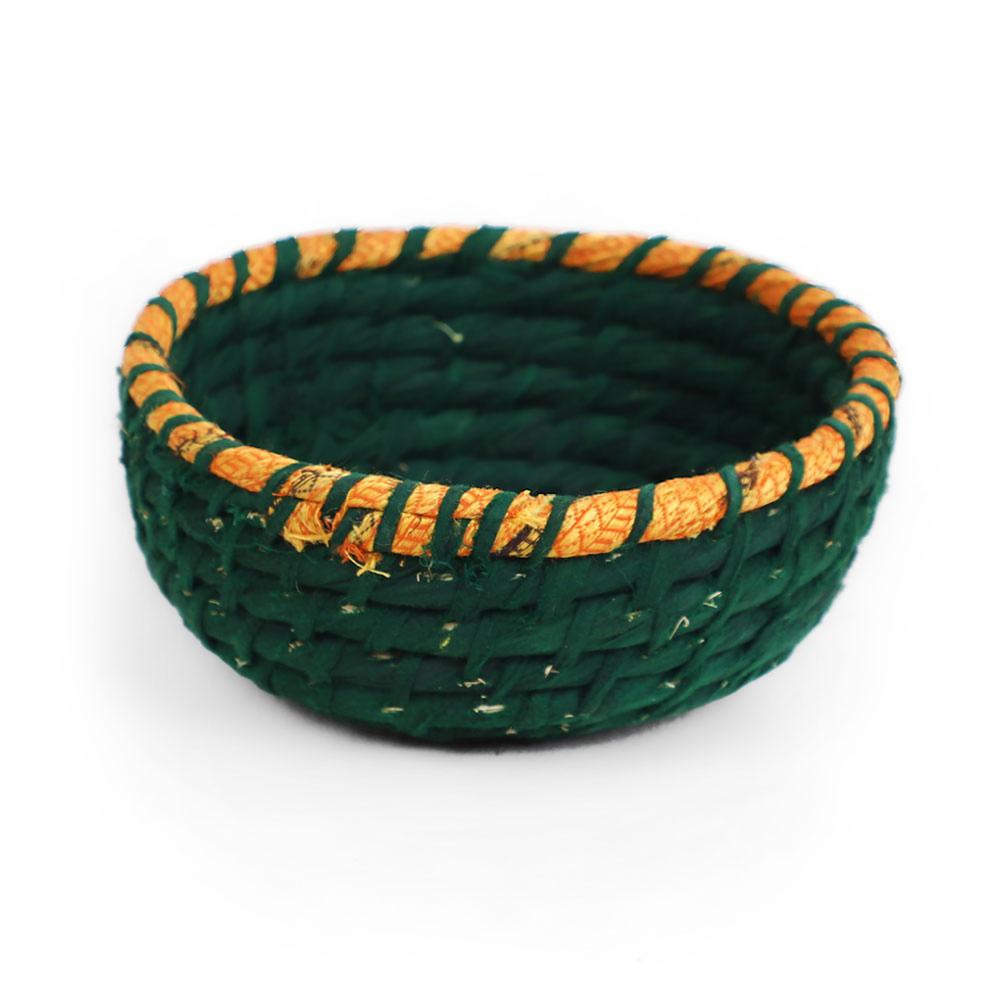 Recycled Sari Material Round Basket Dark Green small