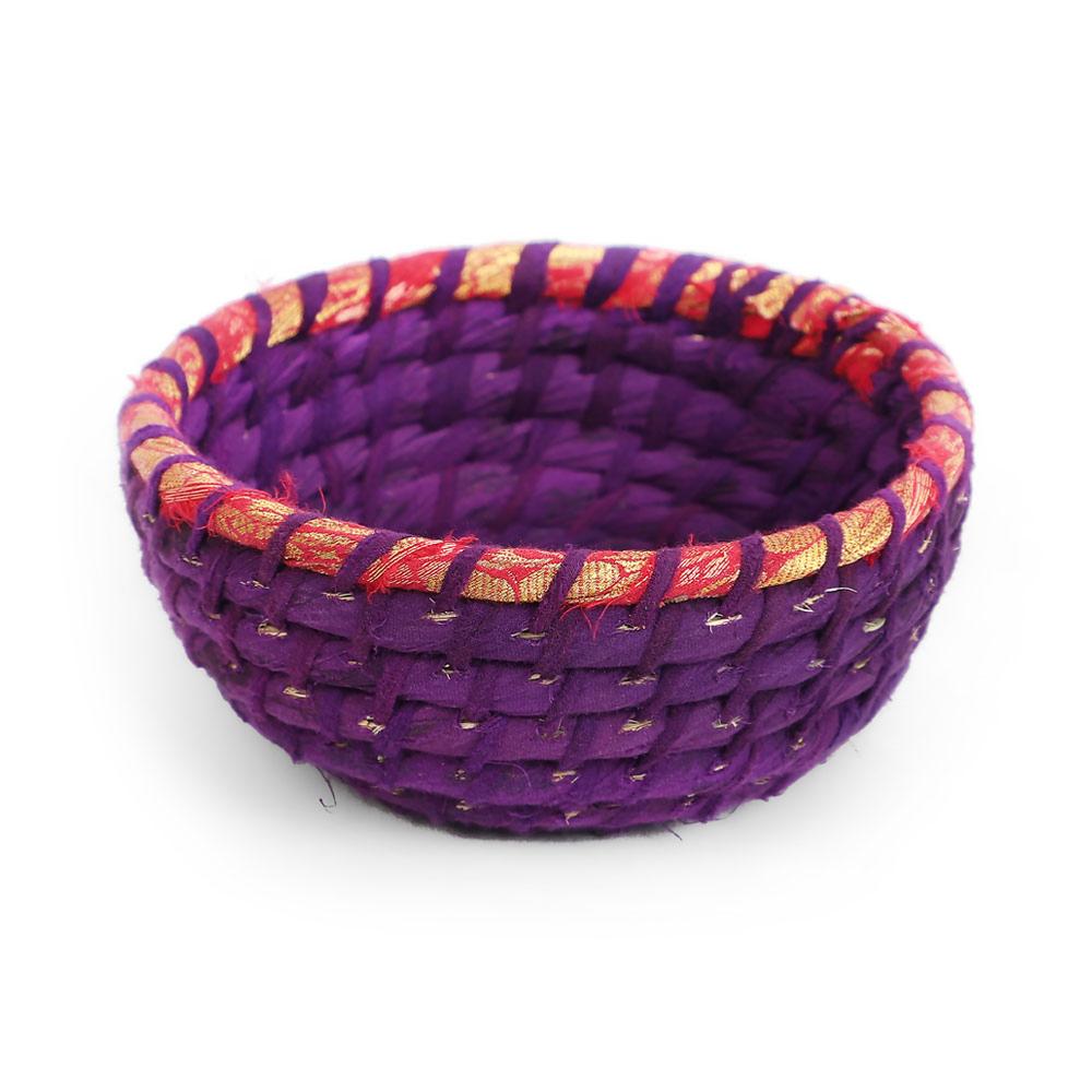 Recycled Sari Material Round Basket purple small