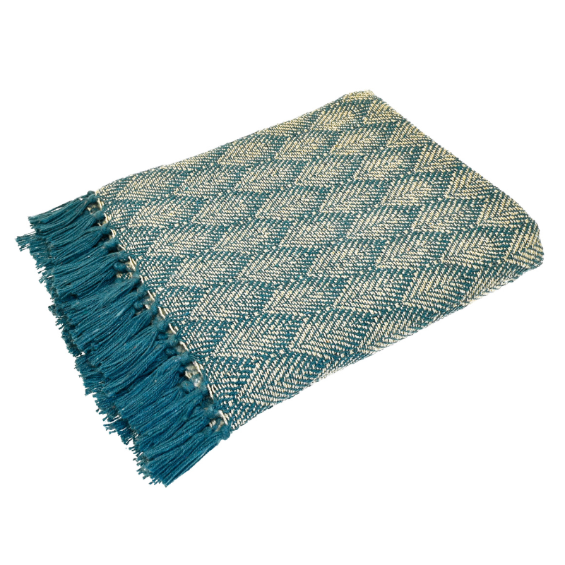 Recycled Cotton Leaf Print Throw - Blue - Uneeka