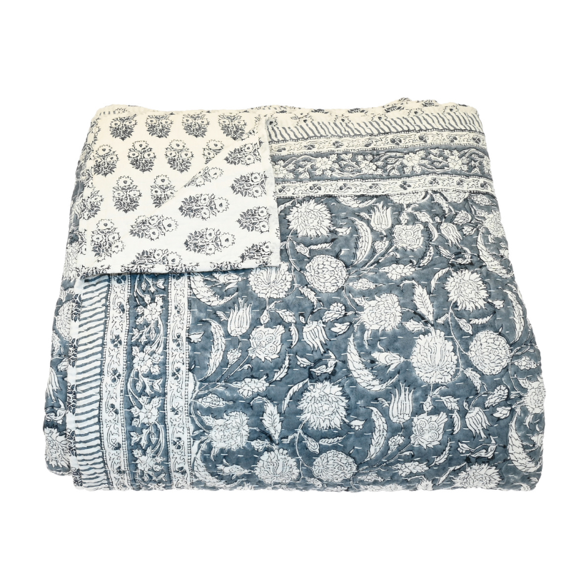 Reversible Smoke Blue Block Printed Bedcover - JHPQSB - Uneeka