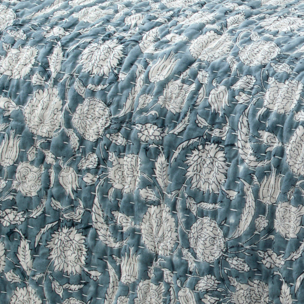 Reversible Smoke Blue Block Printed Bedcover - JHPQSB - Uneeka