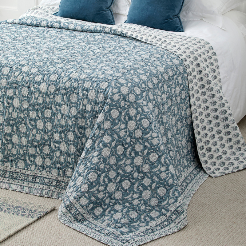 Reversible Smoke Blue Block Printed Bedcover - JHPQSB - Uneeka