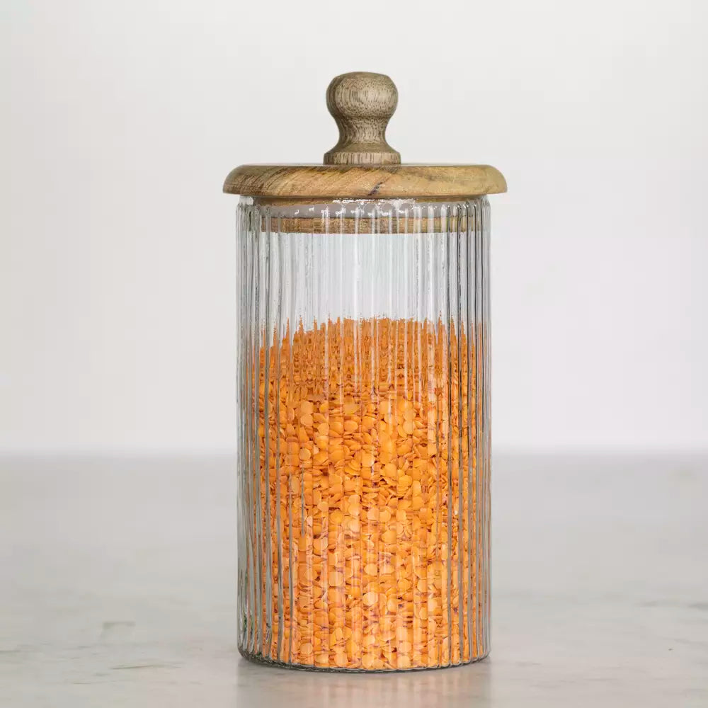 Ribbed Glass Storage Jar With Wooden Lid - C24194 - Uneeka