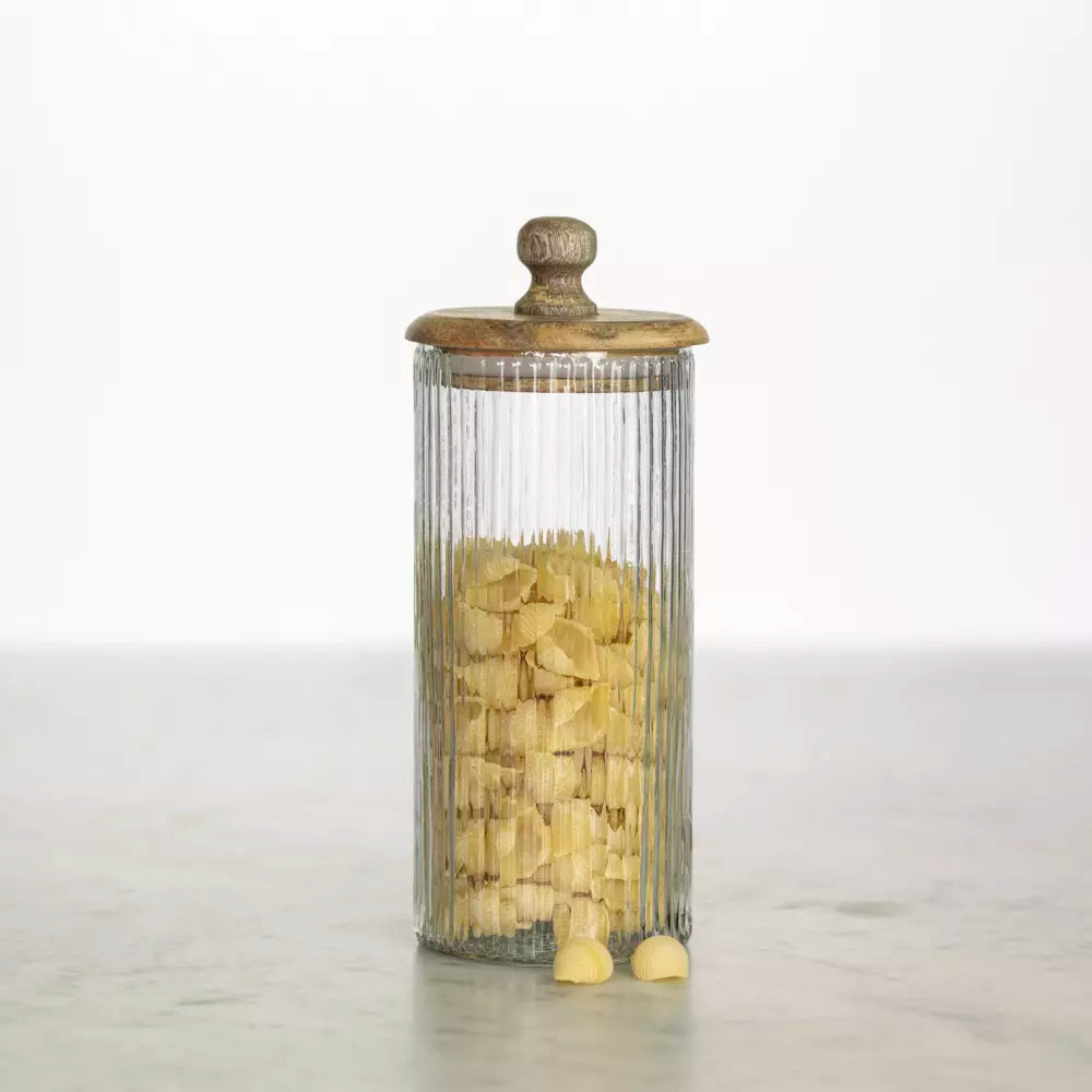 Ribbed Glass Storage Jar With Wooden Lid - C24193 - Uneeka