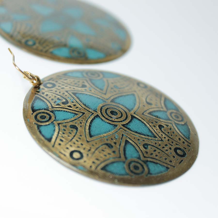 Round Brass Gold & Blue Floral Earrings