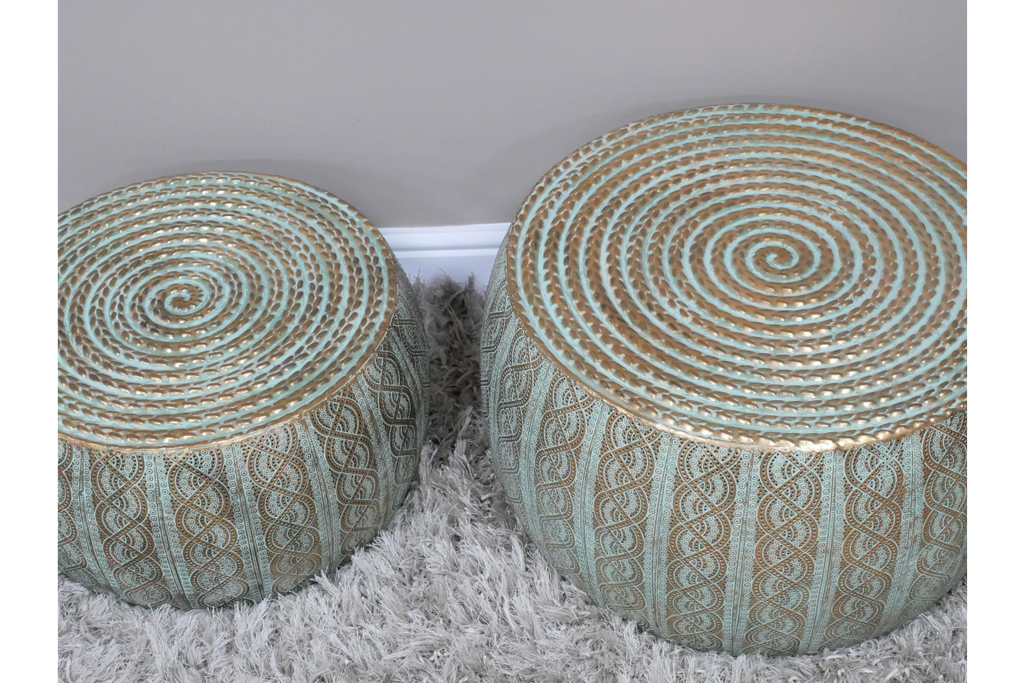 Round Brass & Blue Tone Intricate Detail Side Table table top view swirl pattern