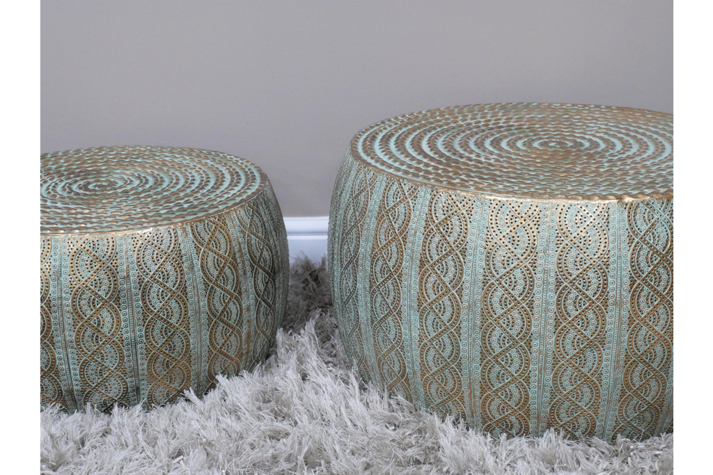 Round Brass & Blue Tone Intricate Detail Side Table side view swirl pattern, intricate