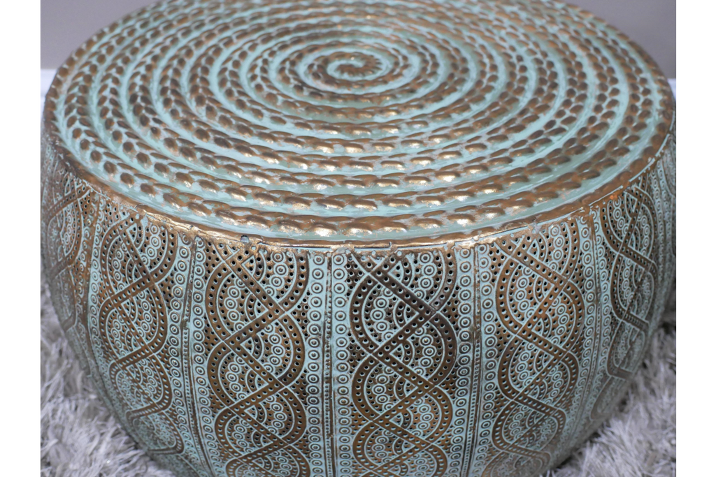 Round Brass & Blue Tone Intricate Detail Side Table close up swirl pattern, intricate detail