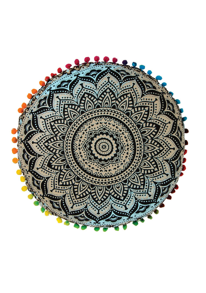 Round Mandala Yoga Cushion with Pom Poms Blue