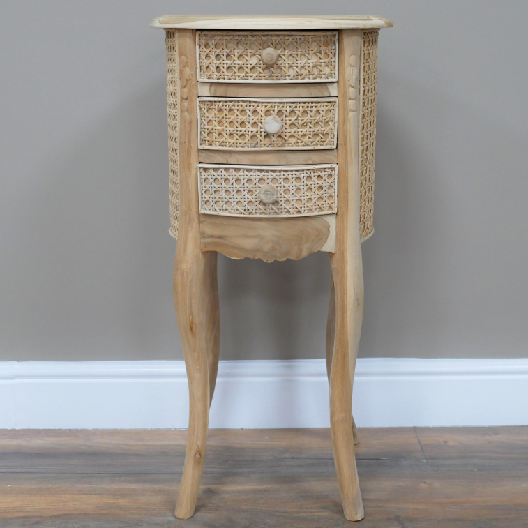 Round Teak and Rattan Bedside Table