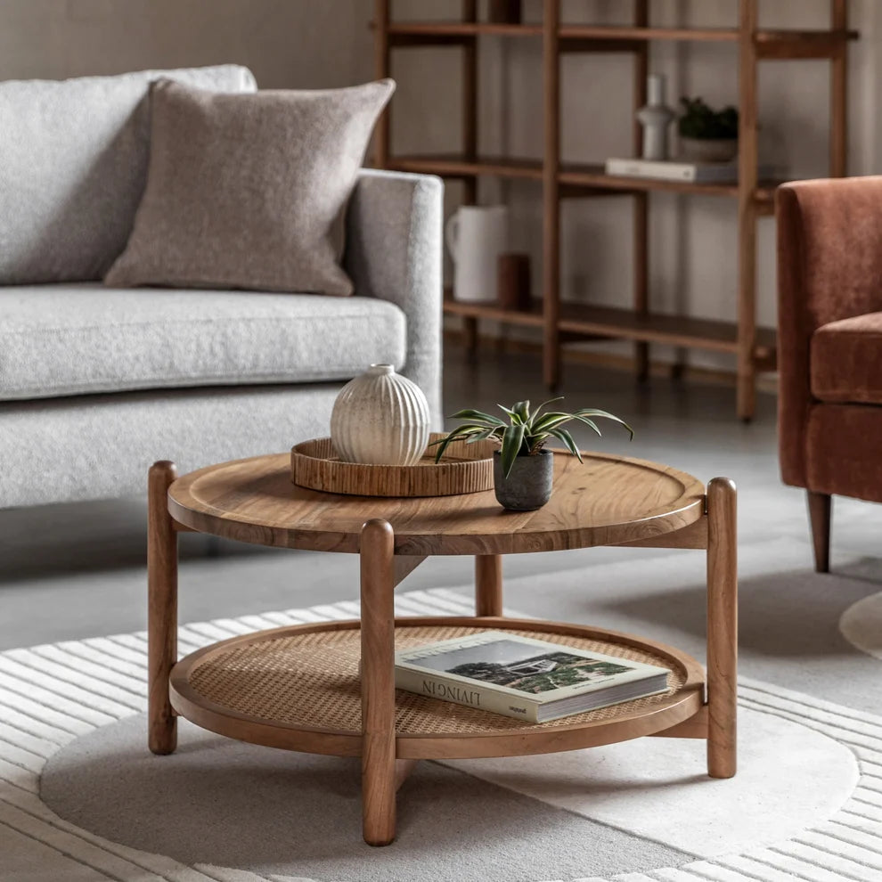 Round Acacia & Rattan Coffee Table - Uneeka