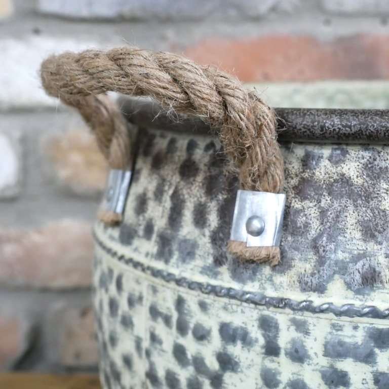 Round Dappled Metal Planter With Rope Handles - 11713 - Uneeka