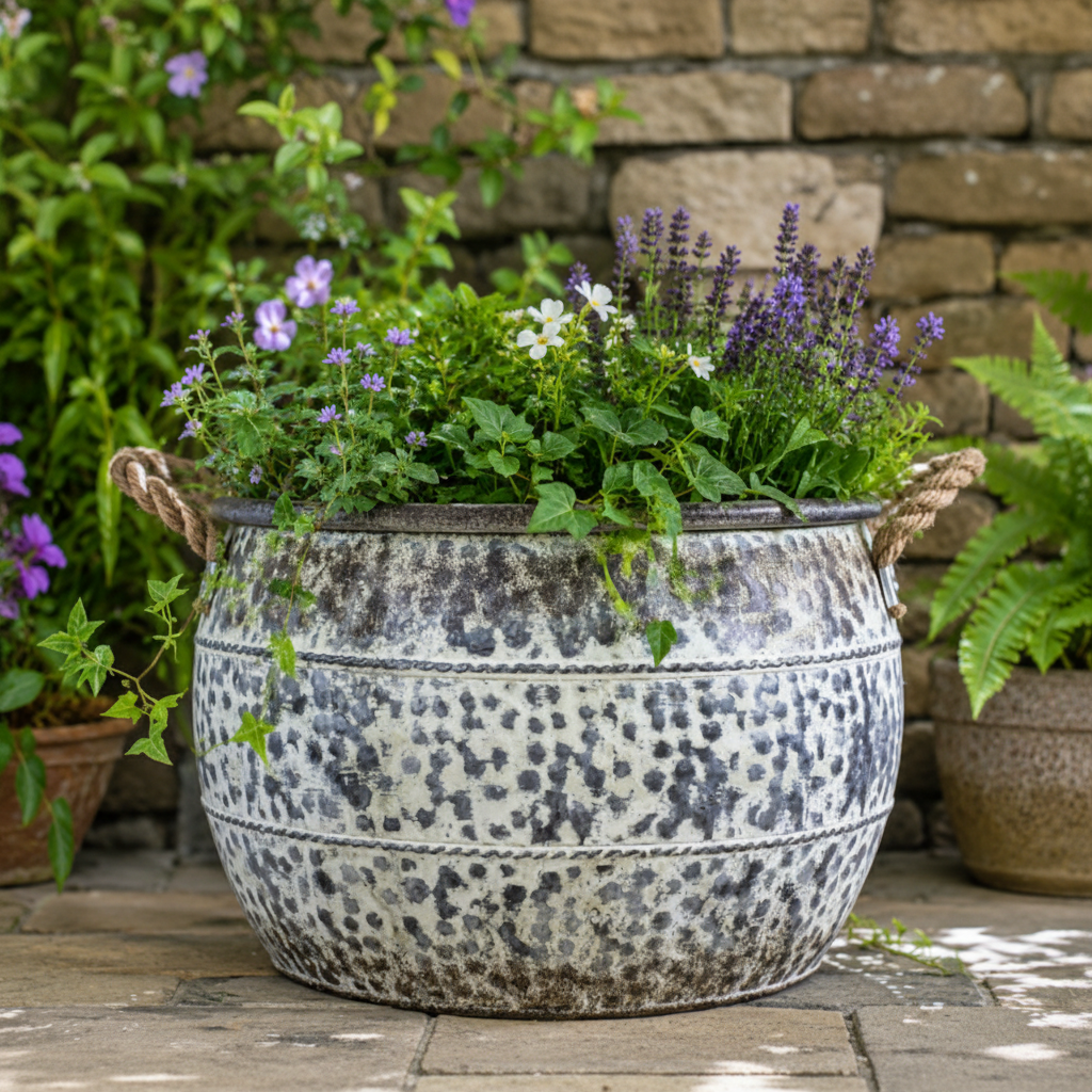 Round Dappled Metal Planter With Rope Handles - 11713 - Uneeka