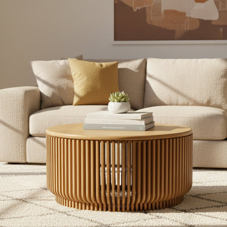 Round Wooden Slatted Coffee Table - Uneeka