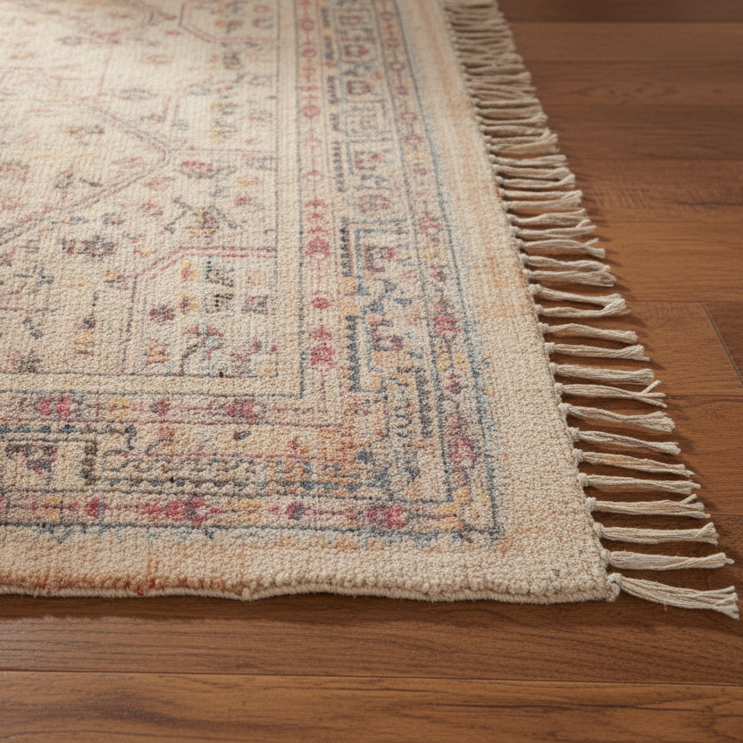 Stone & Pink Chenille Rug | Pale Vintage Style Cotton Rug | Uneeka