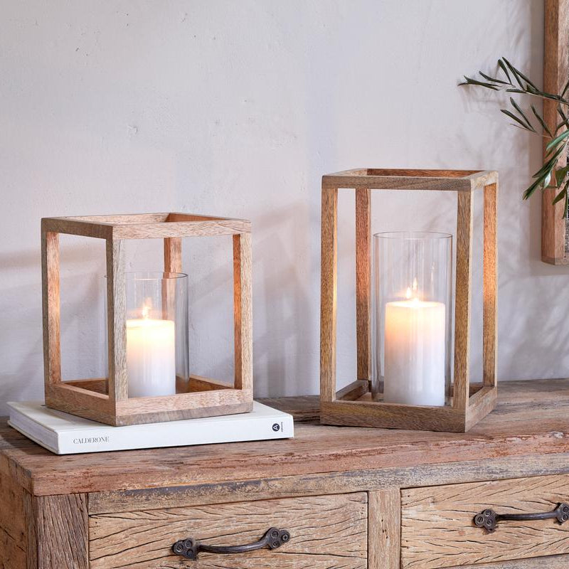 Sanora Natural Mango Wood Lantern - Small & Large - Uneeka