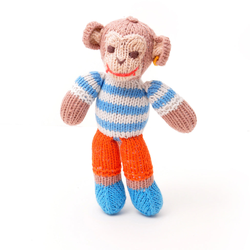Hand Knitted Monkey In Blue Stripe Top & Trousers Soft Toy