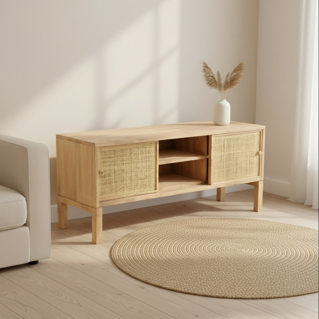 Savana Rattan TV Unit with Sliding Doors | Rustic, Handmade | Uneeka