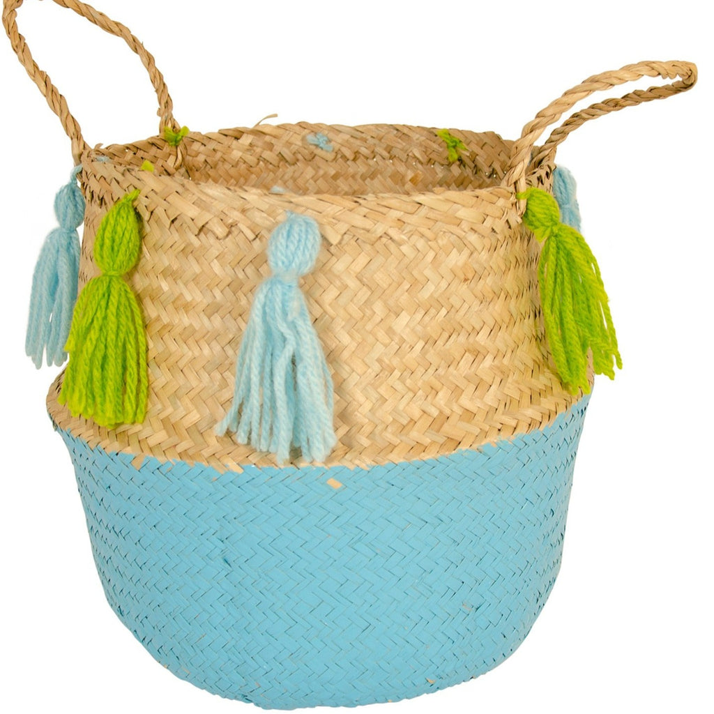 Seagrass Basket With Tassels blue turquoise