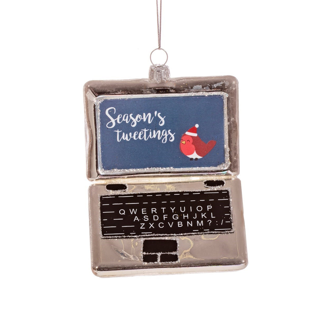 Season's Tweetings Glittery Laptop Christmas Decoration, robin and text that reads seasons tweetings on the screen 
