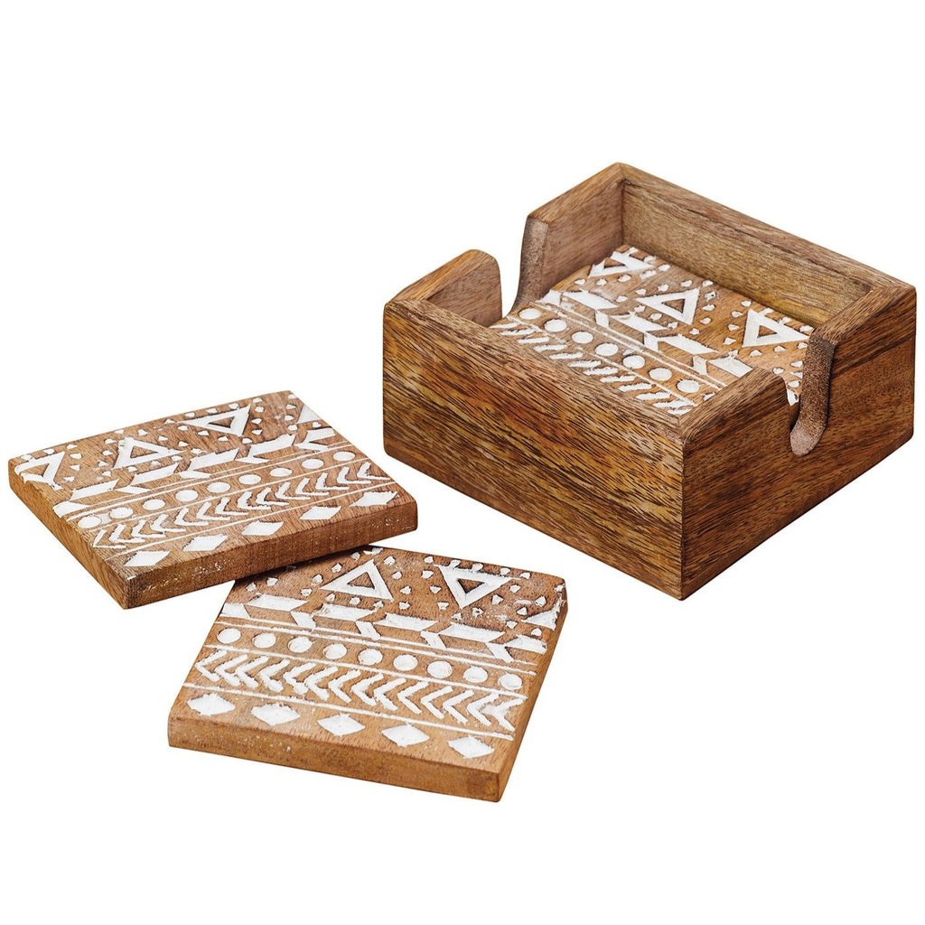 Set Of 4 Aztec Carved Wooden Coasters & Holder