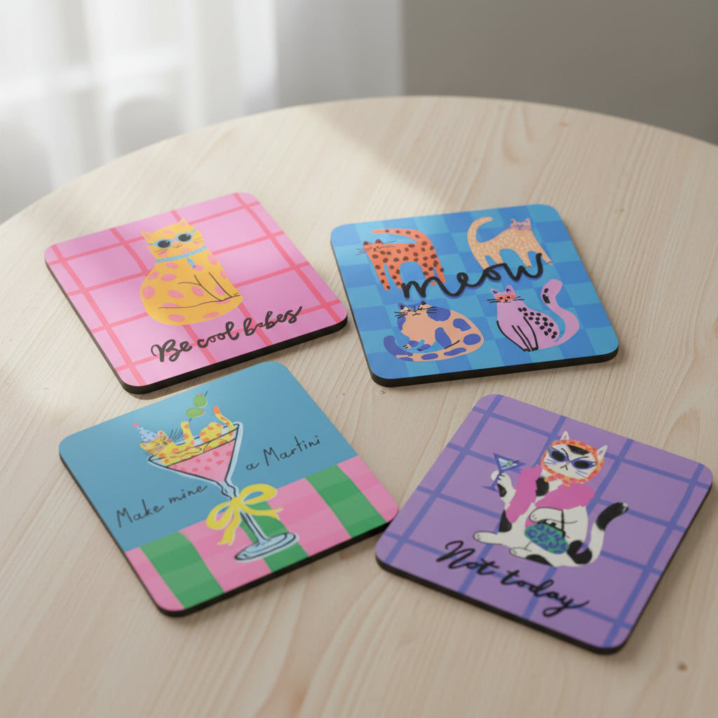 Set of 4 Colourful Cat Coasters - HJX022EU - Uneeka