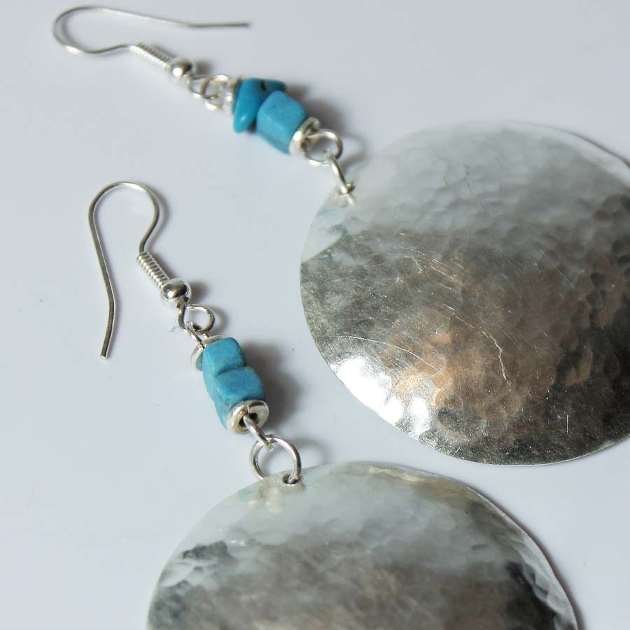 Silver Plate Domed Circle With Turquoise Chip Earrings