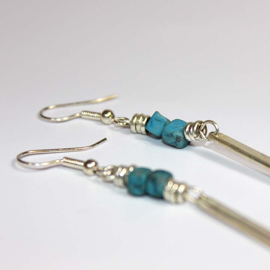 Silver Plated Single Petal Earrings With Turquoise Chips