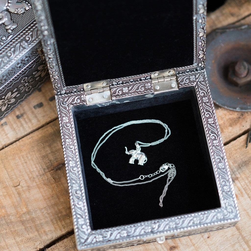 Silver Square Elephant Jewellery Box