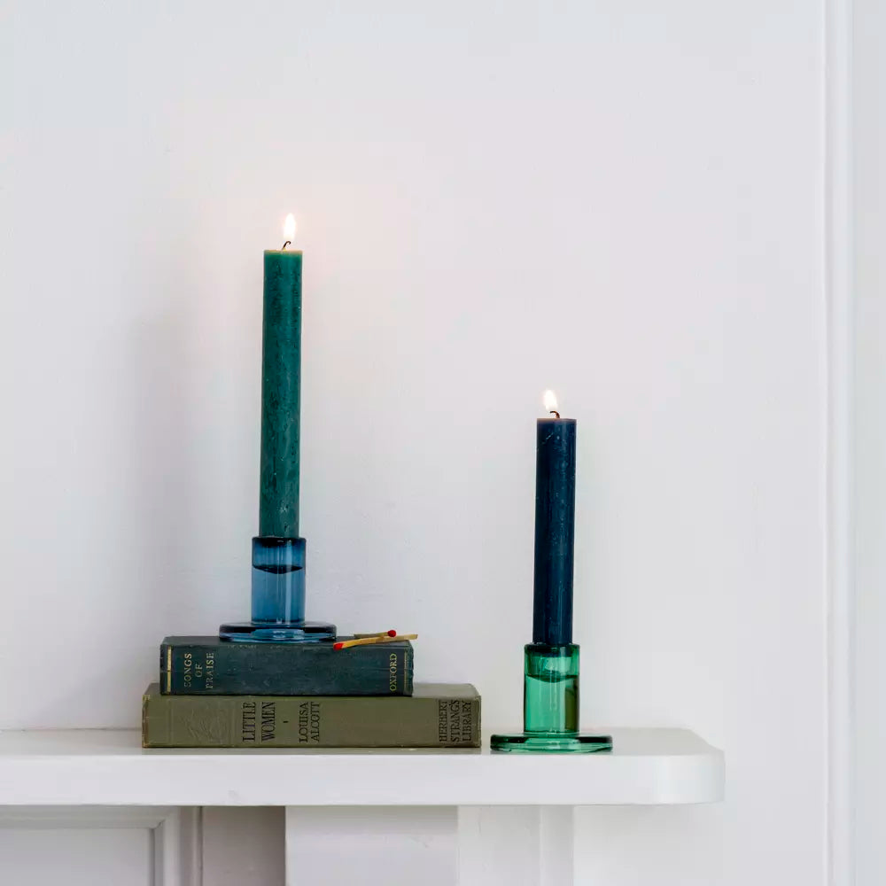 Simple Mini Glass Candle Stick Holder - blue and green glass candle stick holders on a mantle piece - Uneeka