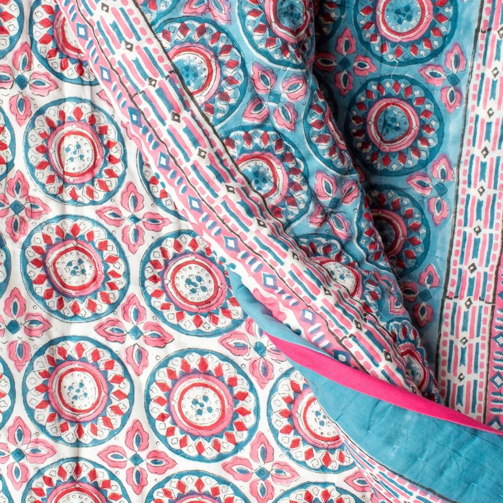 Single Blue & Deep Pink Block Print Quilt close up