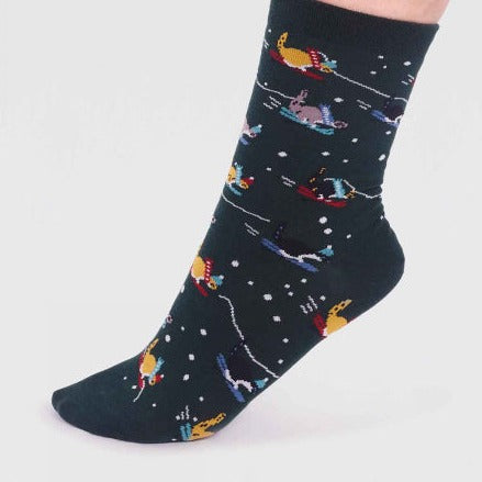 Skiing Cats In The Snow Organic Cotton Socks Forest Green