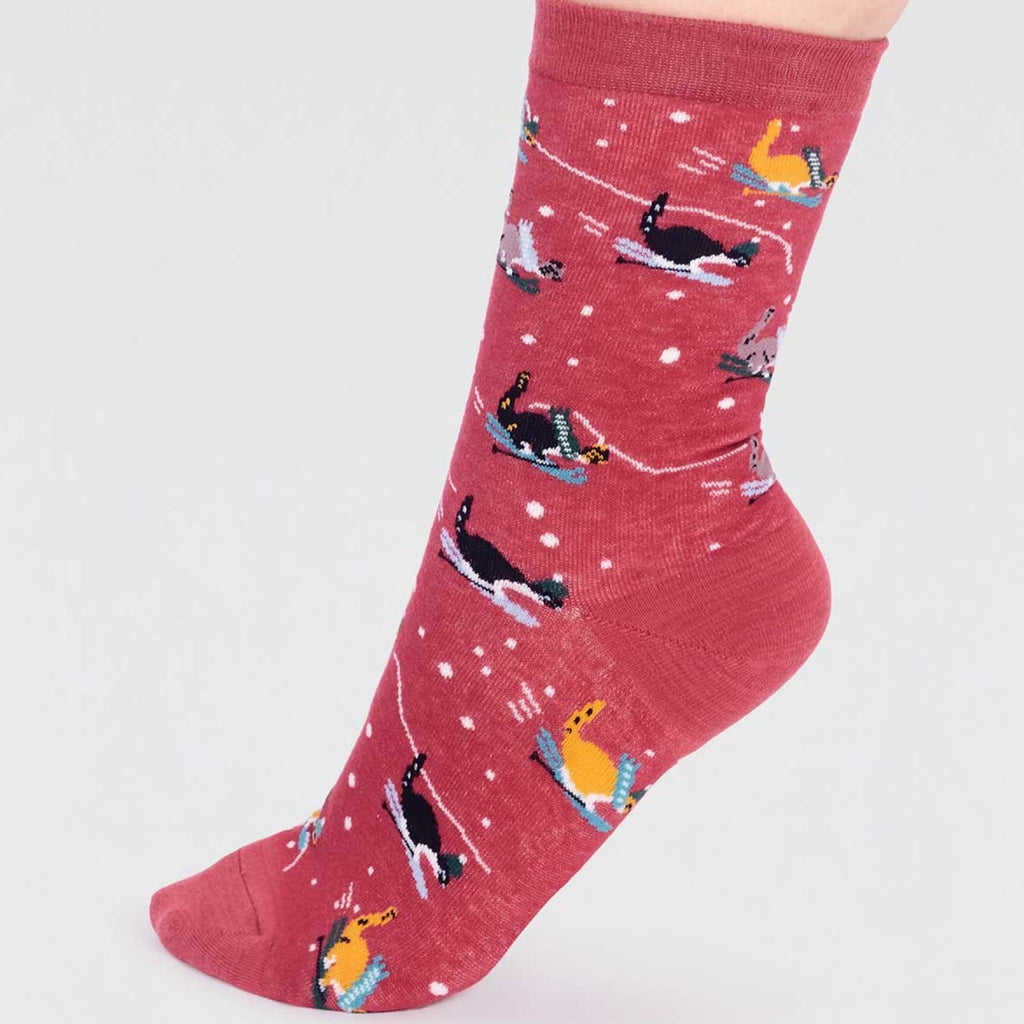 Skiing Cats In The Snow Organic Cotton Socks Red