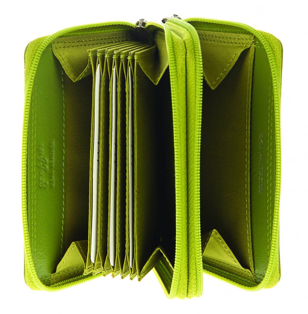 Small Brightly Coloured Leather Purse Lime Open 