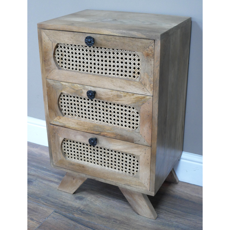 Small Mango Wood & Rattan Three Drawer Bedside Cabinet side view