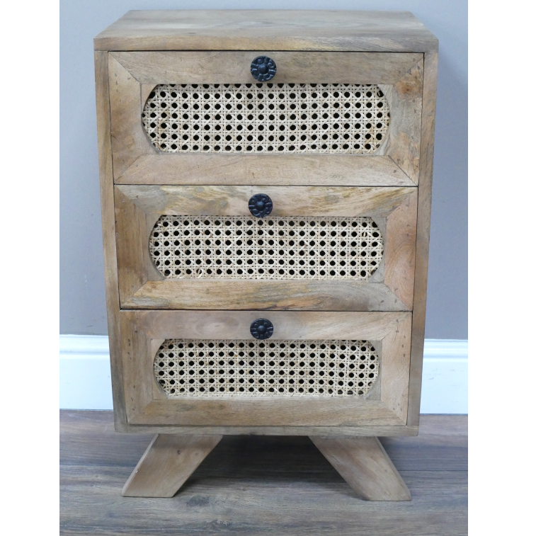 Small Mango Wood & Rattan Three Drawer Bedside Cabinet front view