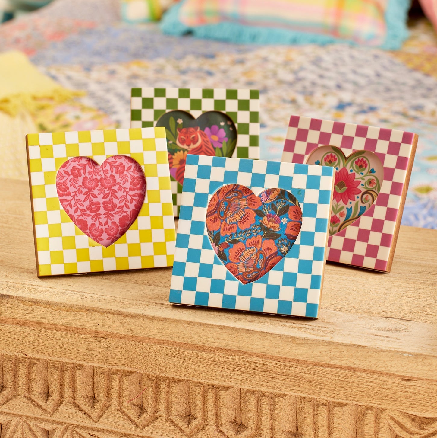 Small Square Bright Coloured Heart Photo Frame Pink, Yellow, Green, Blue Uneeka