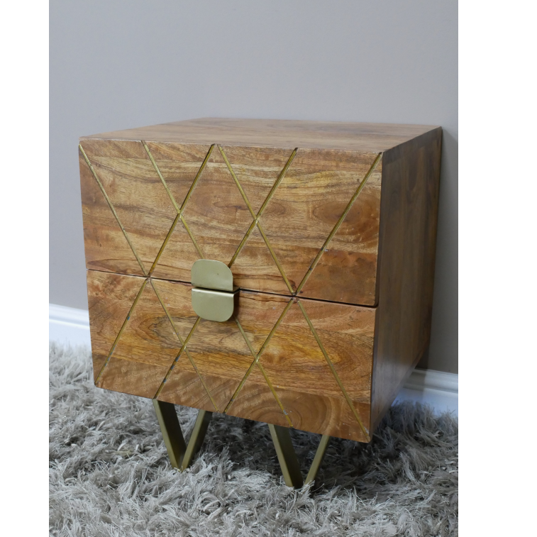 Small Square Style Diamond Brass Detail Bedside Table angled side view