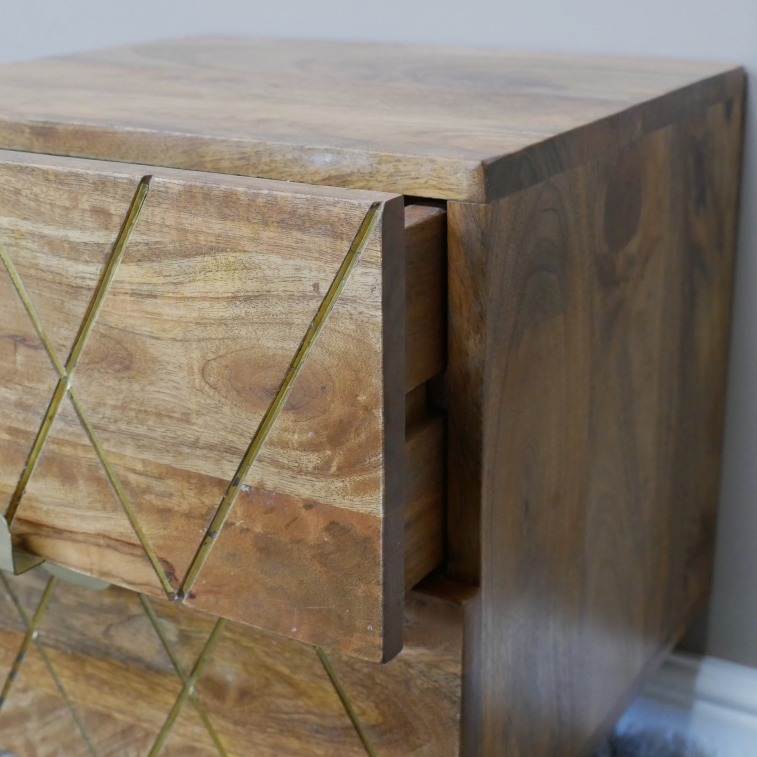 Small Square Style Diamond Brass Detail Bedside Table close up detail
