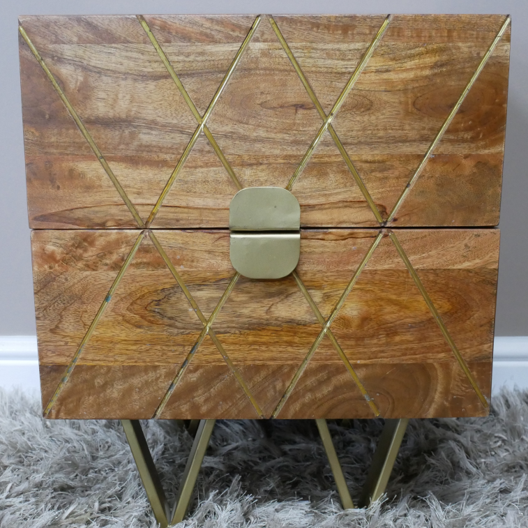Small Square Style Diamond Brass Detail Bedside Table 