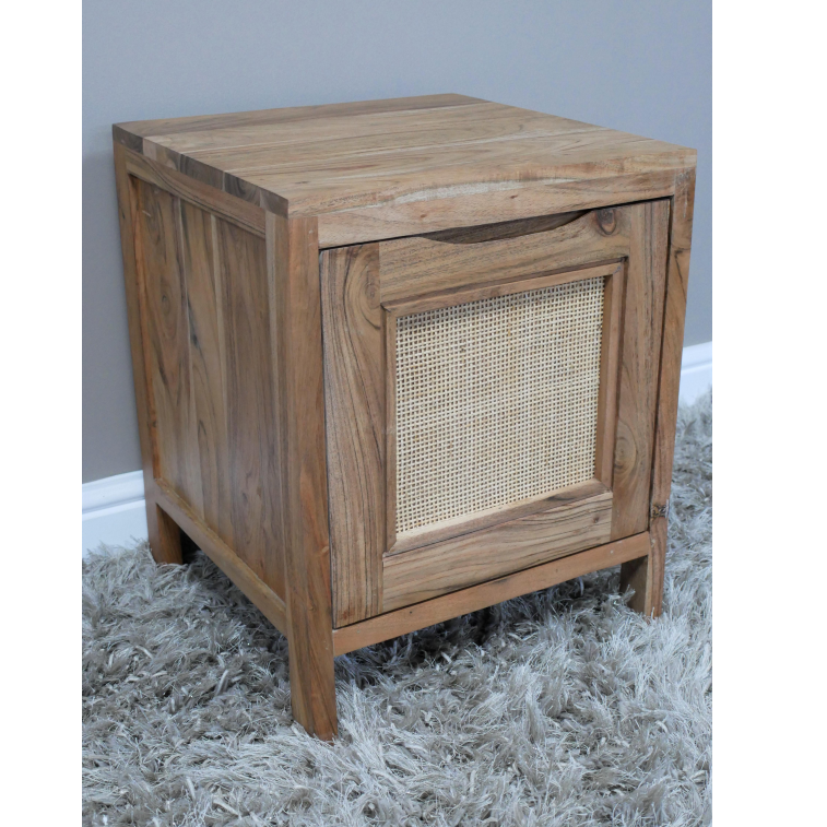 Small Square Style Teak and Rattan Bedside Table side view