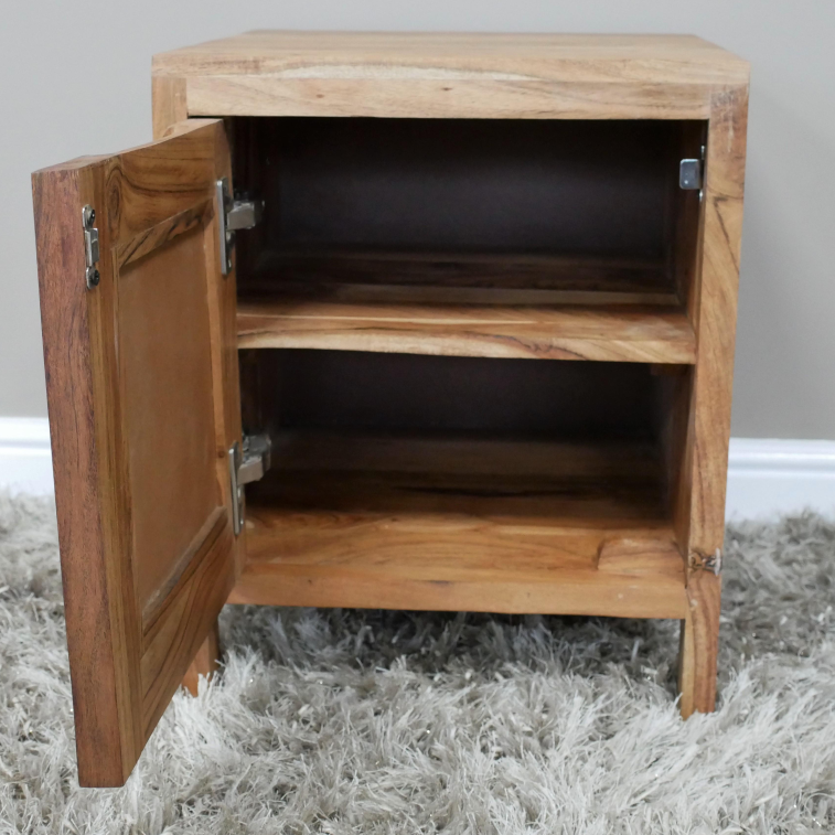 Small Square Style Teak and Rattan Bedside Table internal shelves 