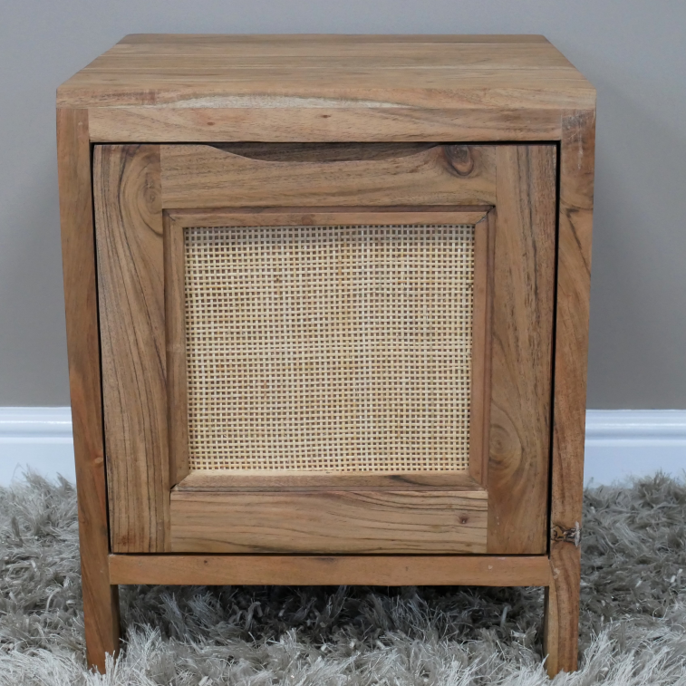Small Square Style Teak and Rattan Bedside Table, groove to open