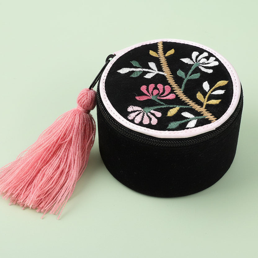 Small Embroidered Black Velvet Jewellery Box With Pink Tassel - 81740 - Uneeka