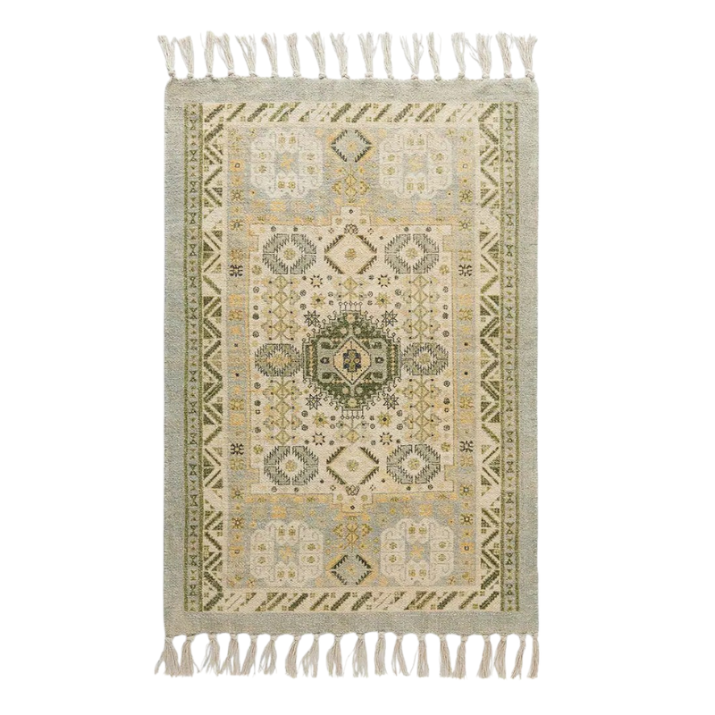 Small Tribal Green Pattern Rug With Tassels - 3224 - Uneeka