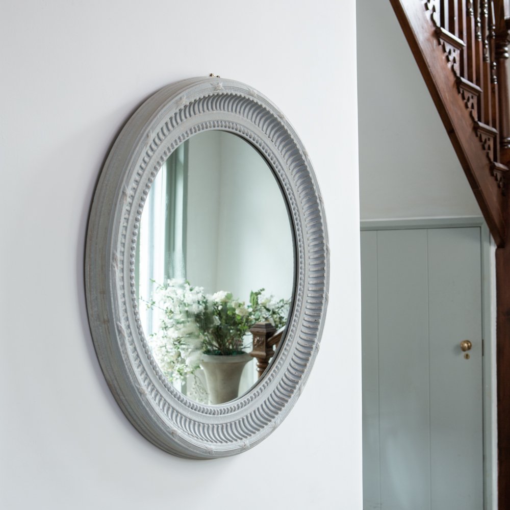Soft Grey Round Carved Detail Mirror