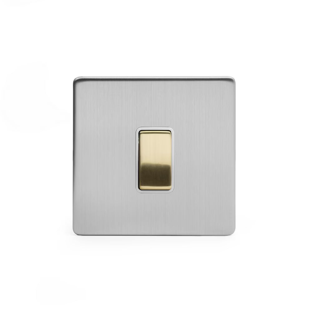 Soho Lighting 10A 1 Gang 2 Way Switch Brushed Chrome with Brushed Brass Detail White Insert Screwless Finish Uneeka